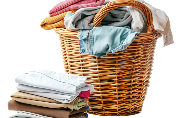 a-wicker-laundry-basket-overflowing-with-clean-clothes-next-to-a-stack-of-freshly-laundered-and-folded-garments-isolated-on-a-transparent-background-free-png